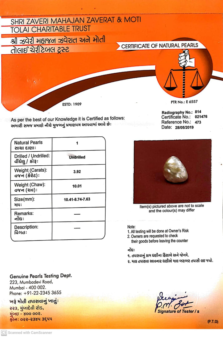 3.92/CT Natural Basra Pearl with Govt. Lab Certificate (44000)