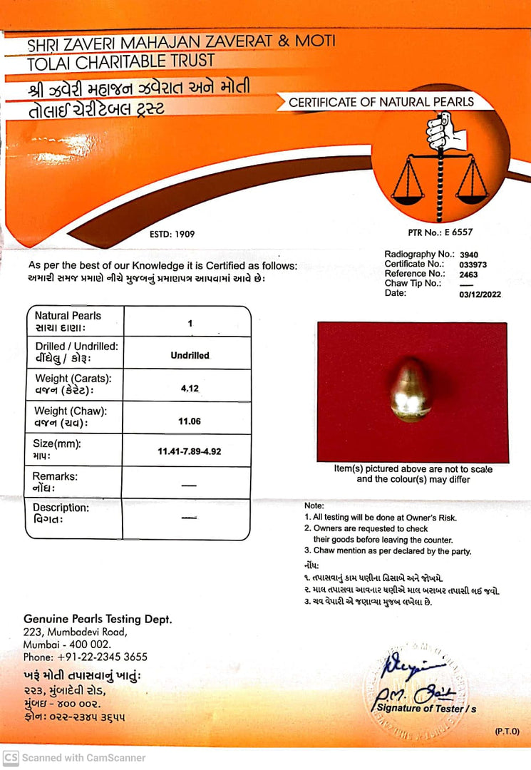 4.12/CT Natural Basra Pearl with Govt. Lab Certificate (44000)