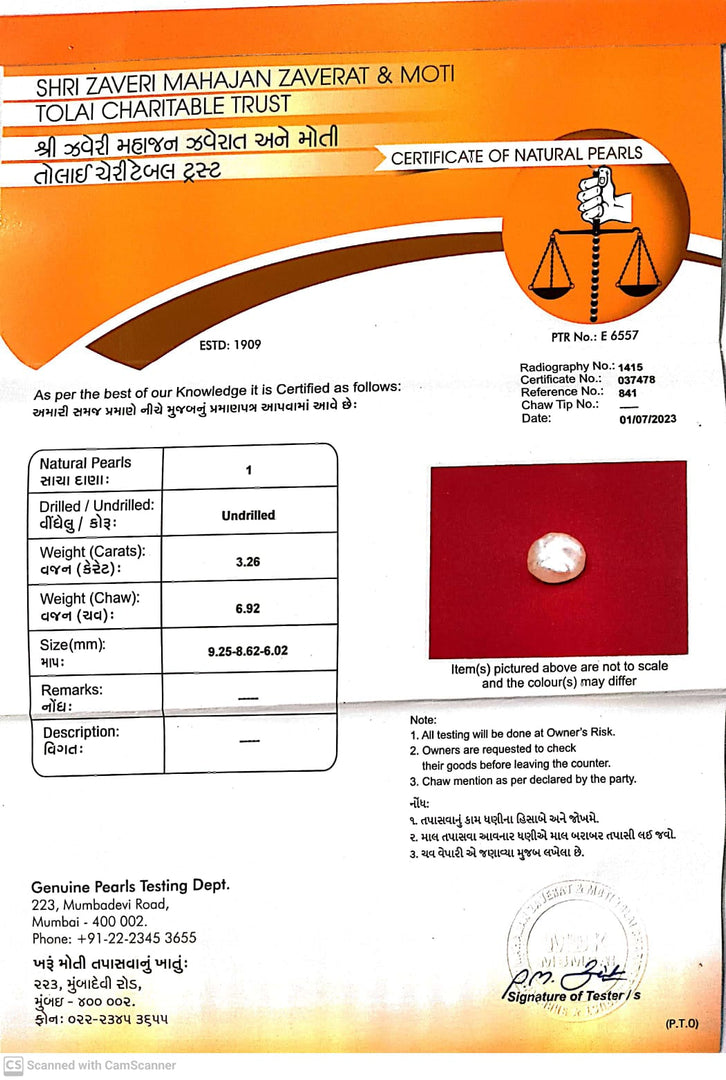 3.26/CT Natural Basra Pearl with Govt. Lab Certificate (44000)