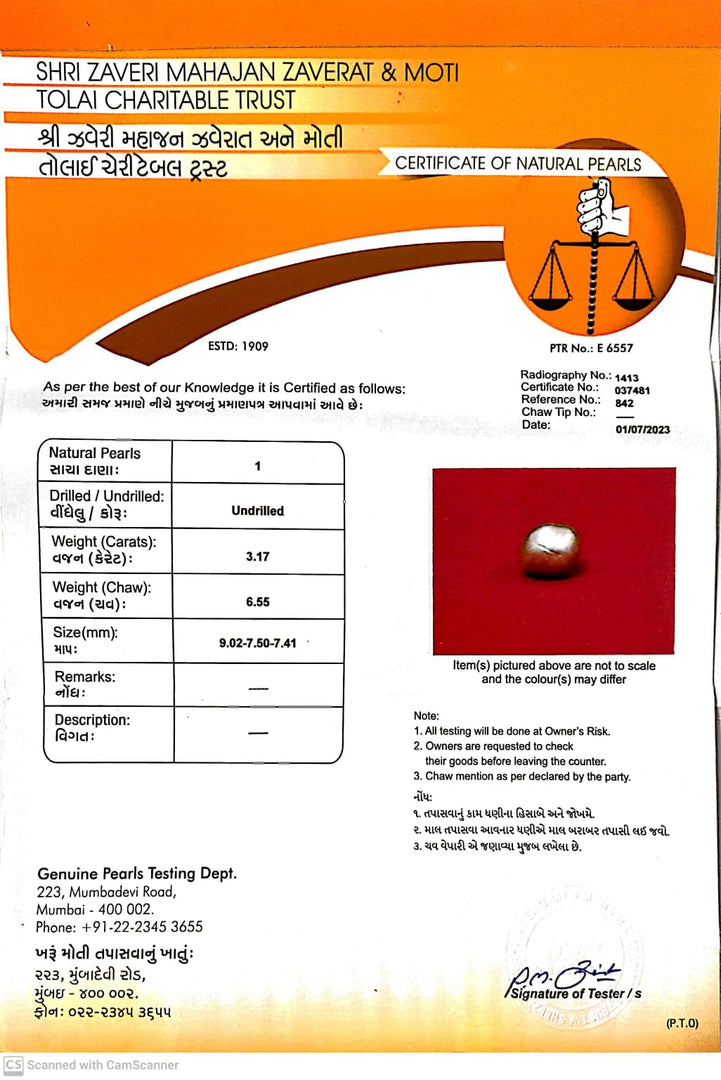 3.17/CT Natural Basra Pearl with Govt. Lab Certificate (44000)