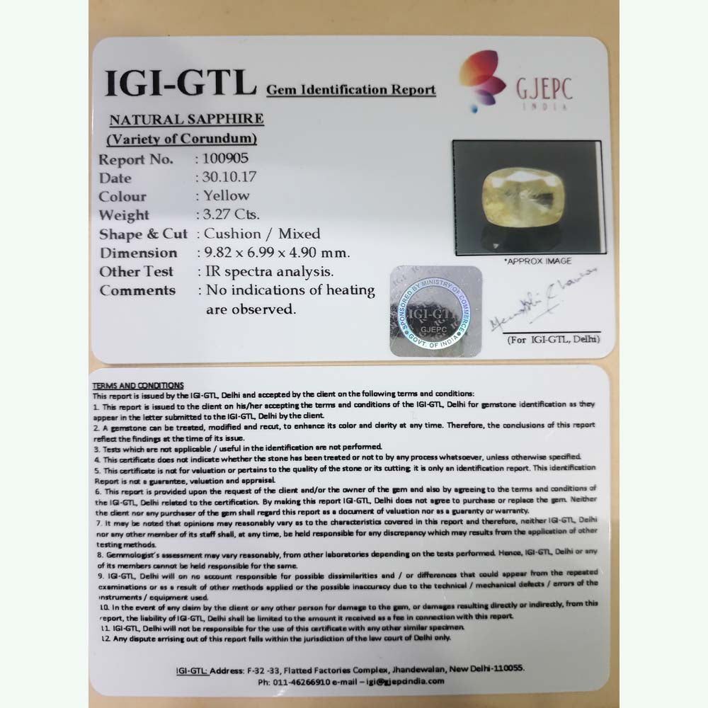 3.63 Ratti Natural yellow sapphire with Govt Lab Certificate-(12210)