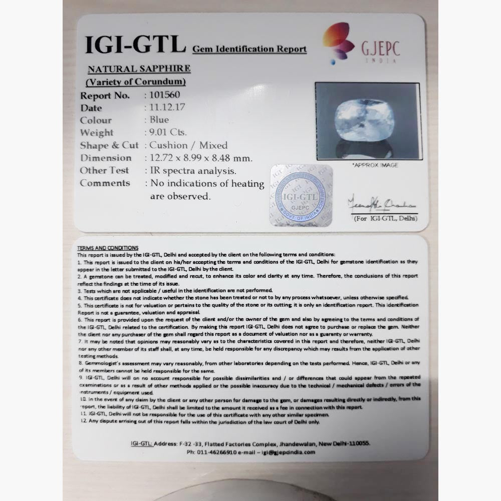 9.01/CT Natural Blue sapphire with Govt Lab Certificate-BLUSA9V