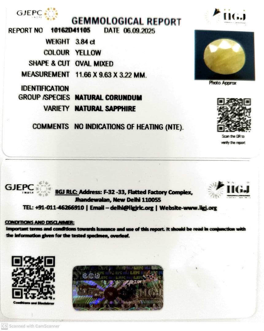 3.84/CT Natural Yellow Sapphire With Govt Lab Certificate (2331)