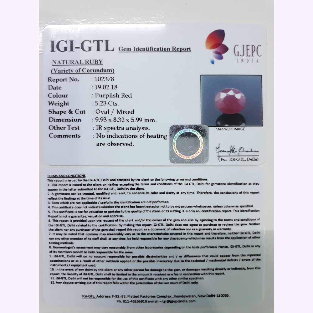 5.81 Ratti Natural New Burma Ruby With Govt. Lab Report