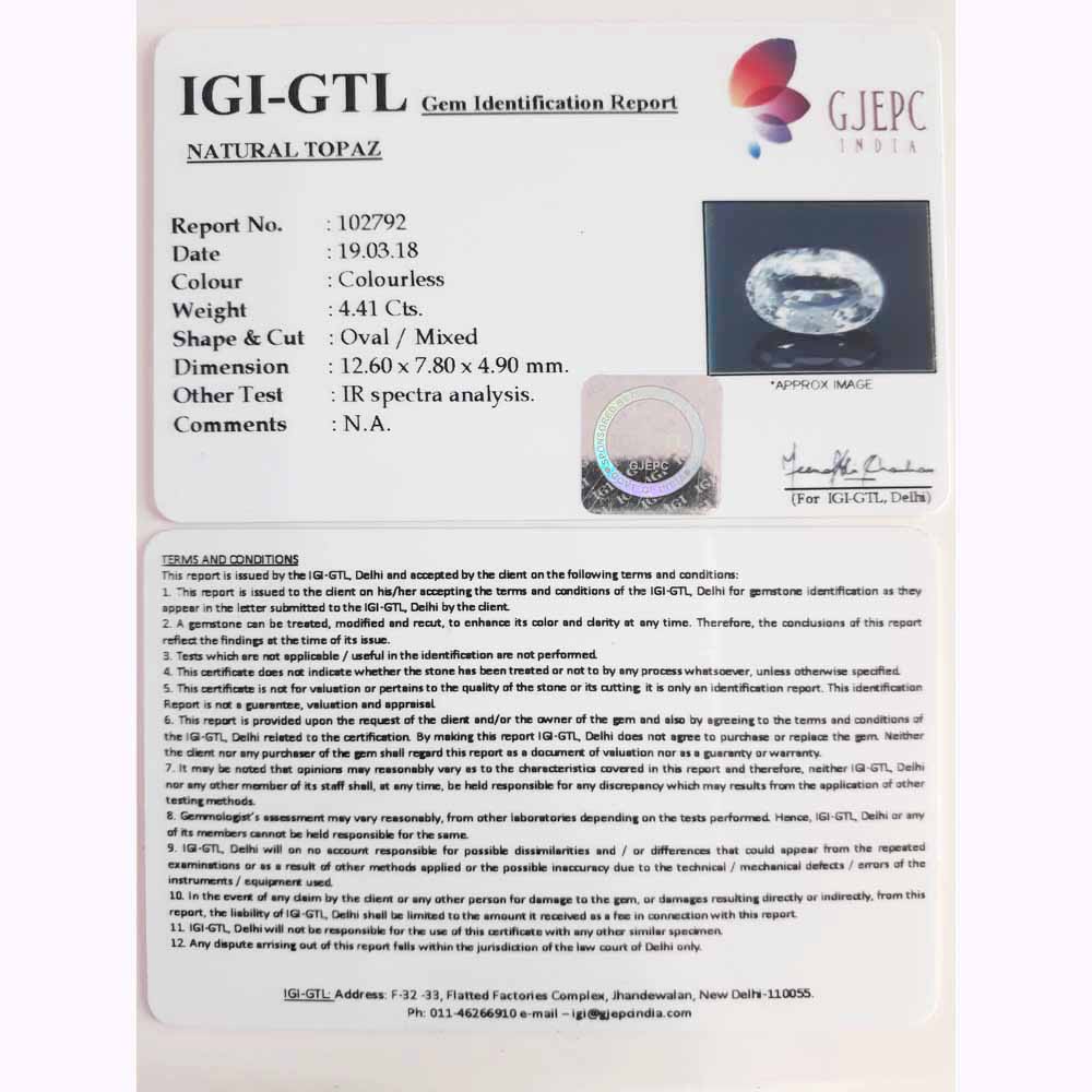 4.41/CT White topaz with Govt. Lab Certificate