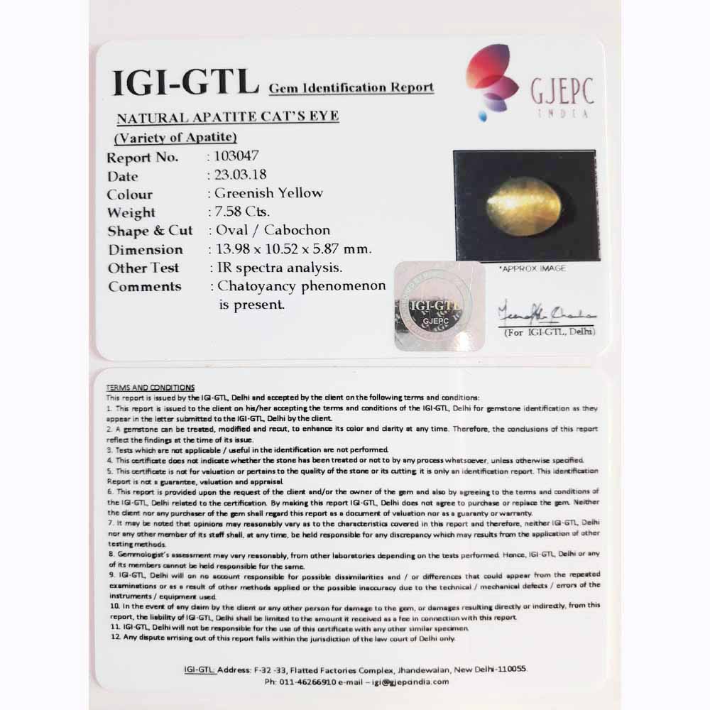 8.42 Ratti Natural Apatite Cat's Eye with Govt. Lab certified-(1221)