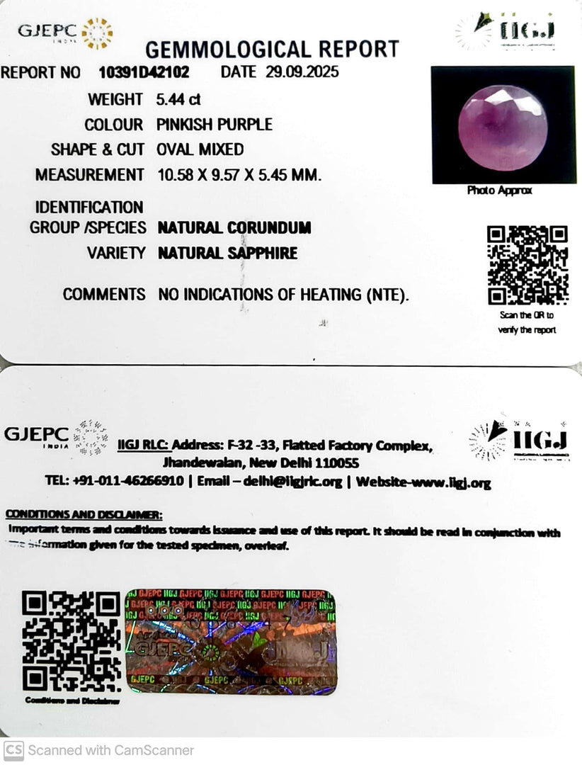 5.44/CT Natural Purple Sapphire with Govt Lab Certificate (6771)