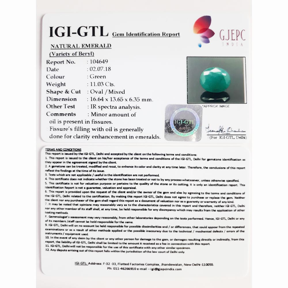 11.03/CT Natural Panna Stone with Govt. Lab Certificate (8991)