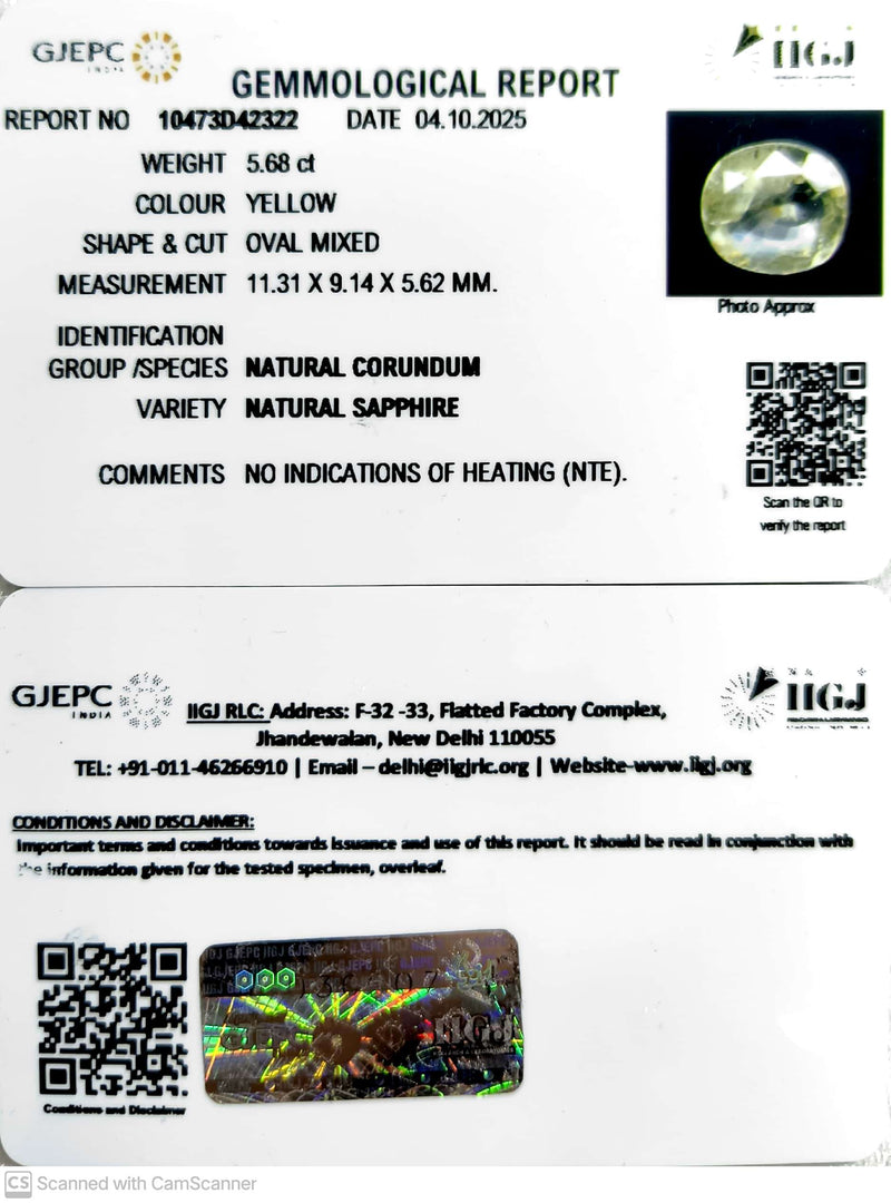 5.68/CT Natural Yellow Sapphire With Govt Lab Certificate (23310)