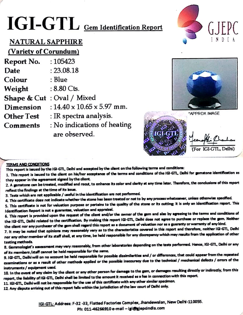 9.78 Ratti Natural Neelam with Govt Lab Certificate