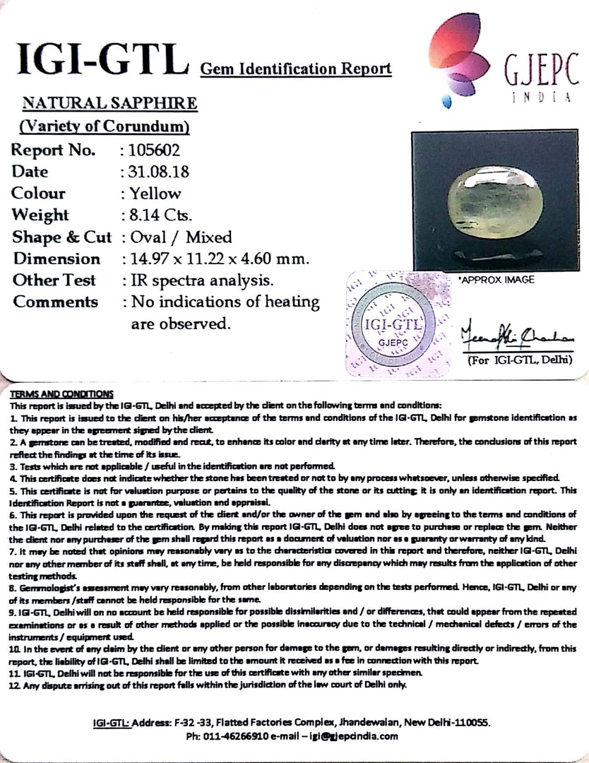 9.04 Ratti Natural yellow sapphire with Govt Lab Certificate