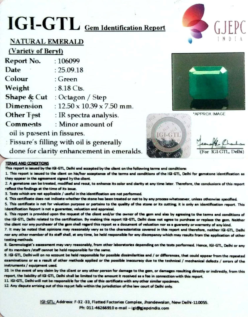 8.18/CT Natural Panna Stone With Govt. Lab Certificate (6771)