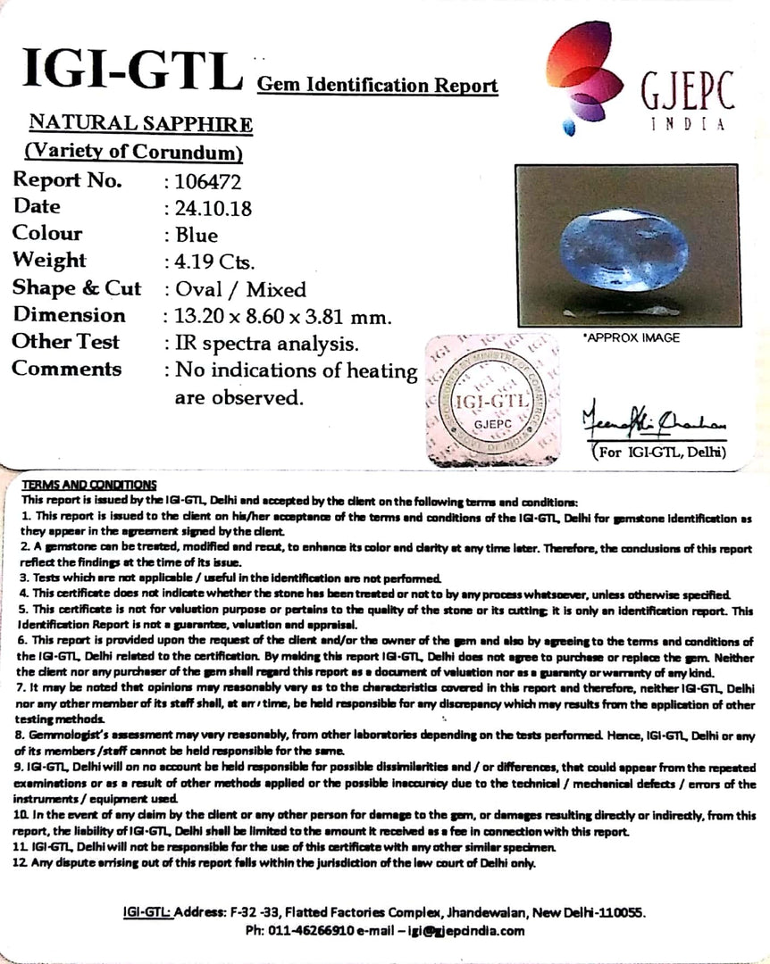 4.19/CT Natural Blue Sapphire With Govt Lab Certificate-BLUSA9S