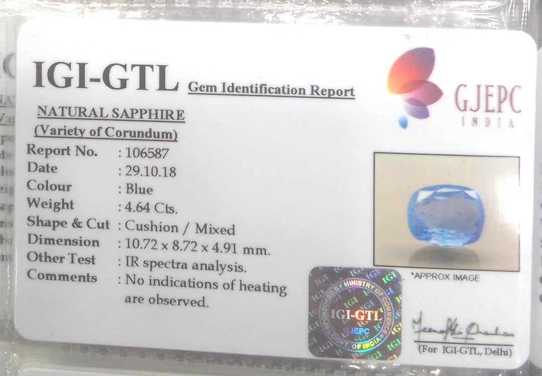 4.64/Carat Natural Blue Sapphire with Govt Lab Certificate-BLUSA9A