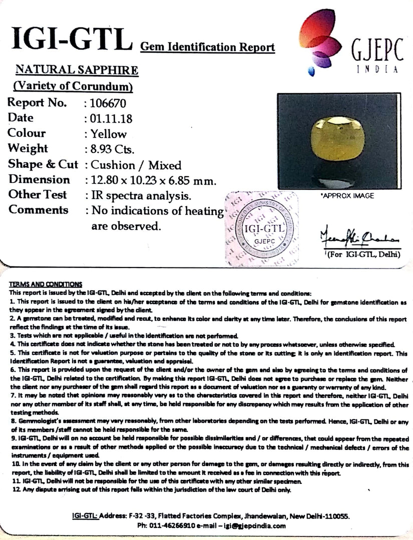 9.92 Ratti Natural Yellow Sapphire With Govt Lab Certificate-(4551)