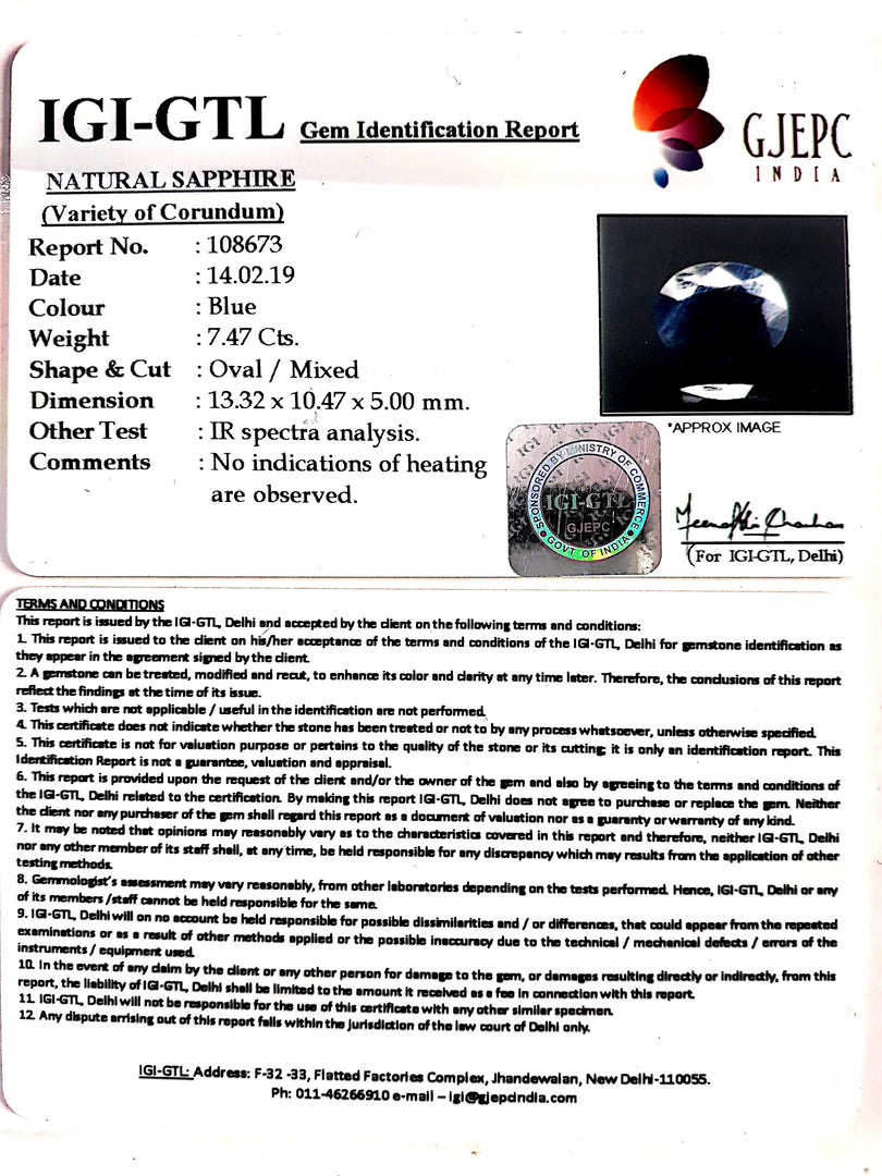 7.47/CT Natural Blue Sapphire With Govt Lab Certified-(2331)