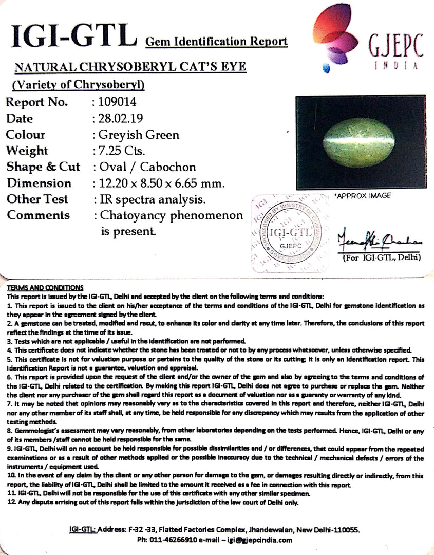 8.06 Ratti Natural Chrysoberyl Cat's Eye With Govt. Lab Certificate-(6771)