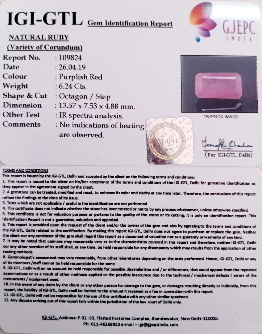 6.92 Ratti Natural Mozambique Ruby with Govt. Lab Certificate-12210