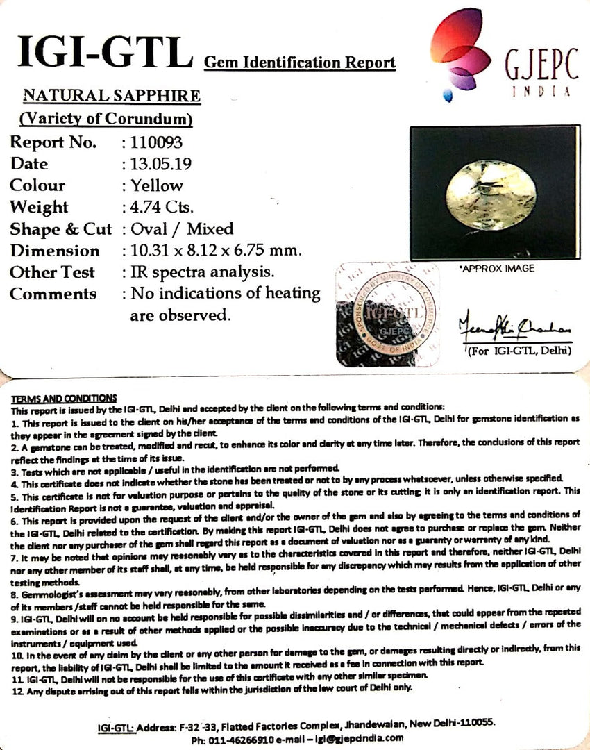 4.74/CT Natural Yellow Sapphire With Govt Lab Certificate-YELSA9U