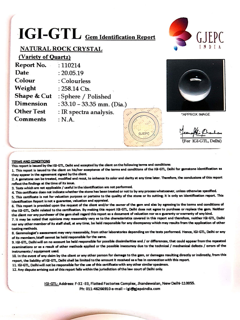 Natural Round Rock Crystal With Govt. Lab Certificate.