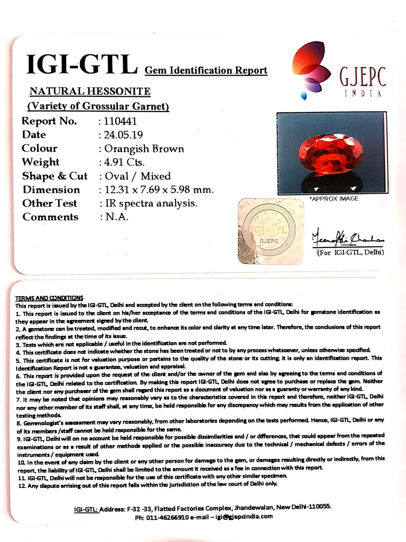 5.46 Ratti Natural Hessonite with Govt. Lab Certificate-(1221)
