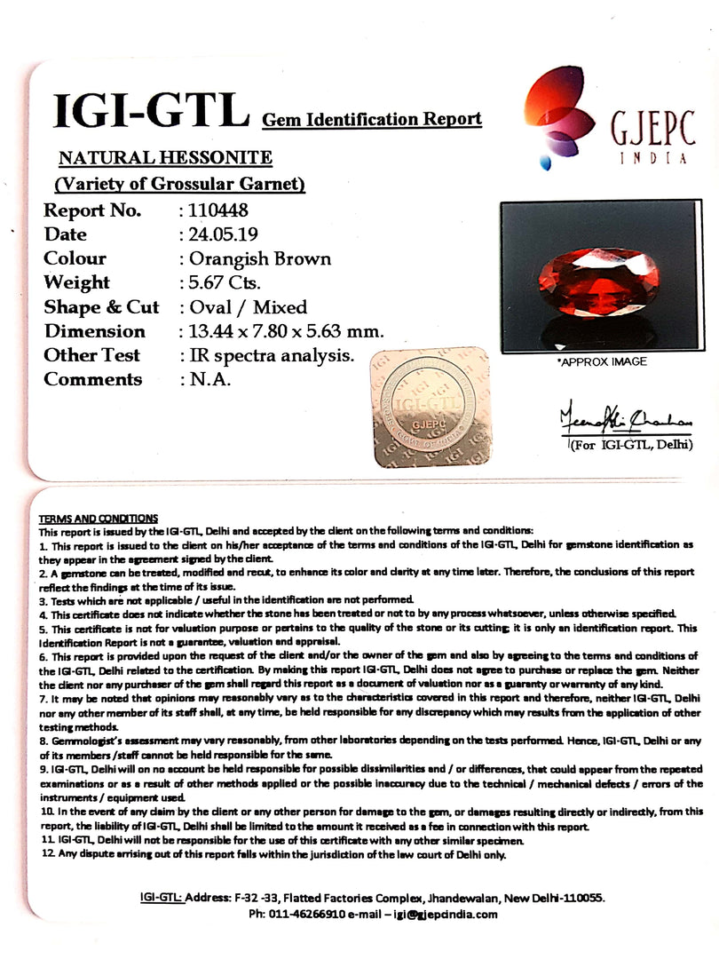 6.30 Ratti Natural Hessonite with Govt. Lab Certificate-(1221)