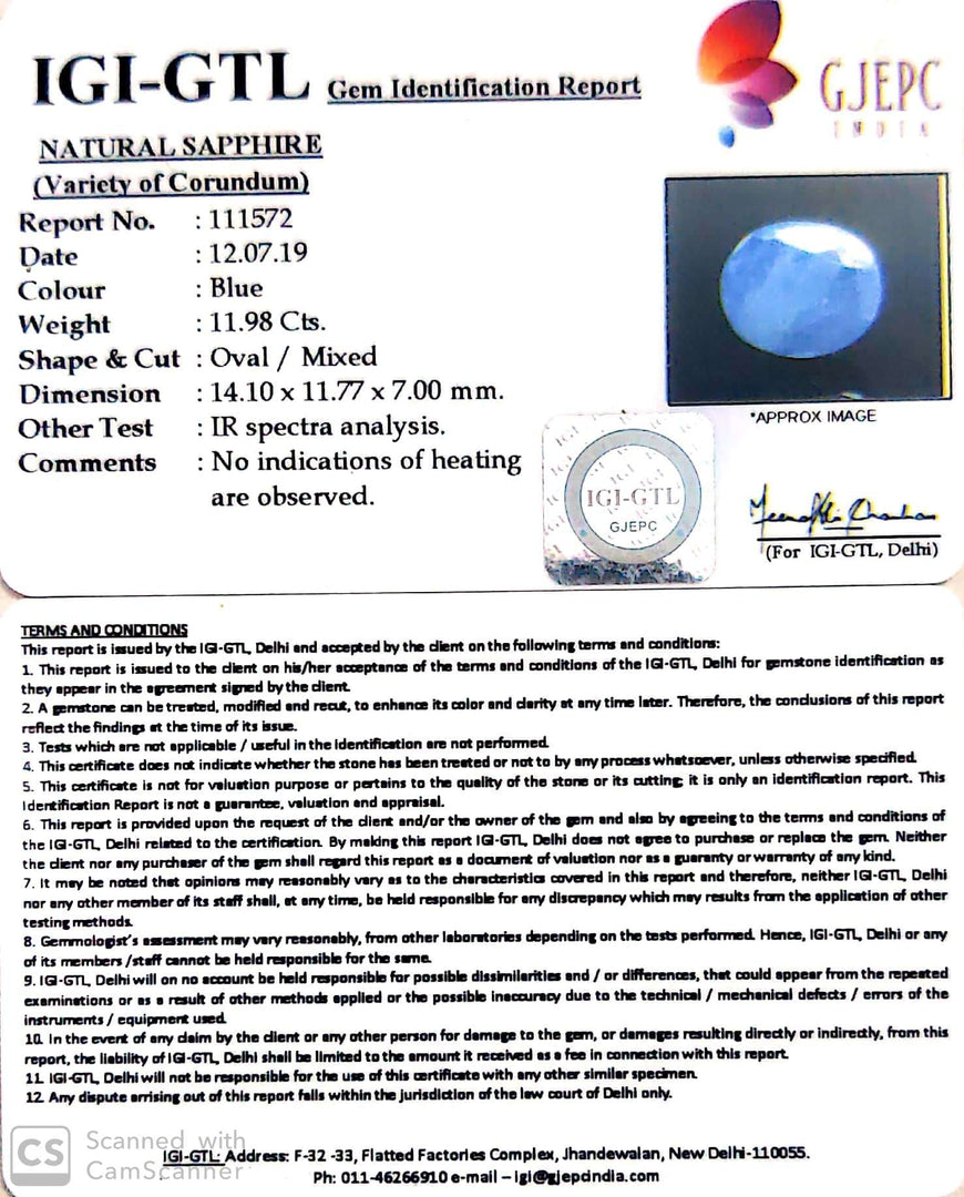 13.31 Ratti Natural Blue Sapphire with Govt Lab Certificate-(4551)