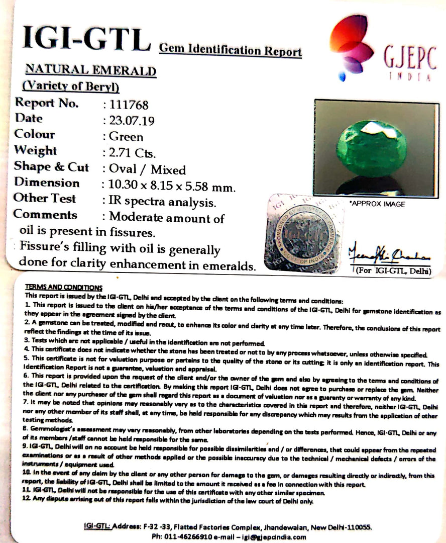 2.71/CT Natural Panna Stone With Govt. Lab Certificate (6771)