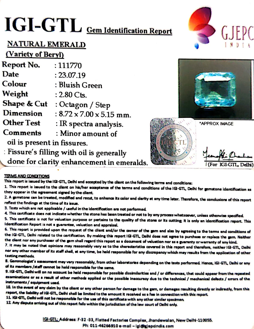 3.11 Ratti Natural Panna Stone With Govt. Lab Certificate (23310)