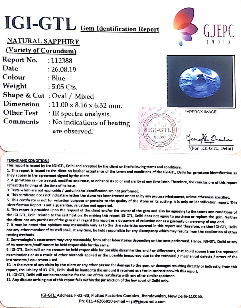 5.05/CT Natural Blue Sapphire With Govt Lab Certificate-BLUSA9A