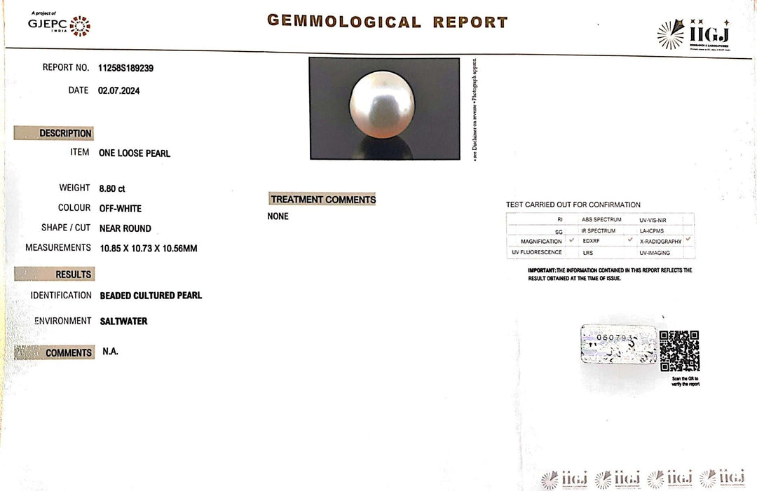 8.80/CT Natural South Sea Pearl with Govt. Lab Certificate (1550)