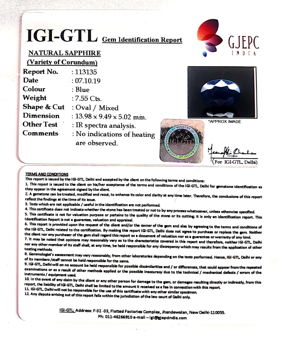 7.55/CT Natural Blue Sapphire With Govt Lab Certified-(2331)