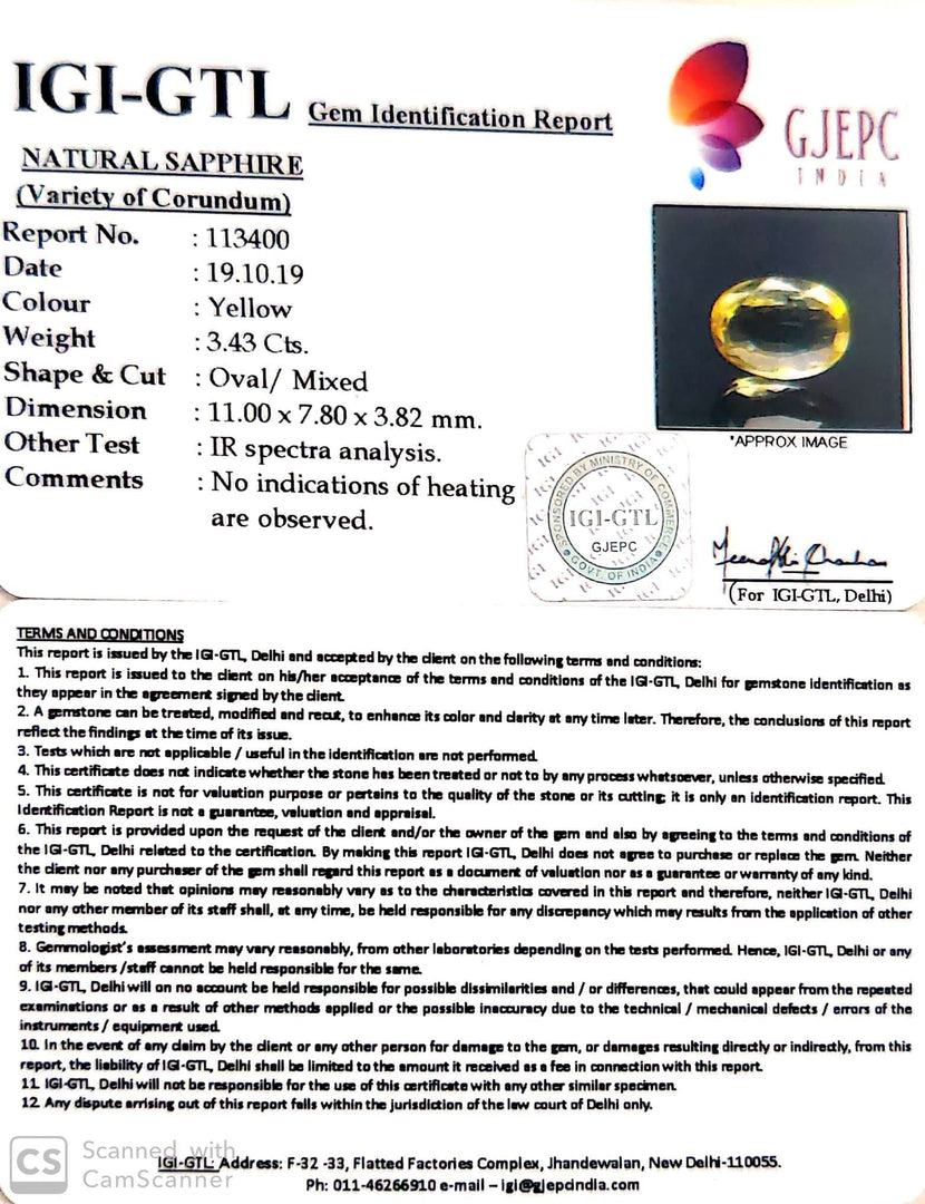 3.43/CT Natural Yellow Sapphire with Govt Lab Certificate-(YELSA9W)