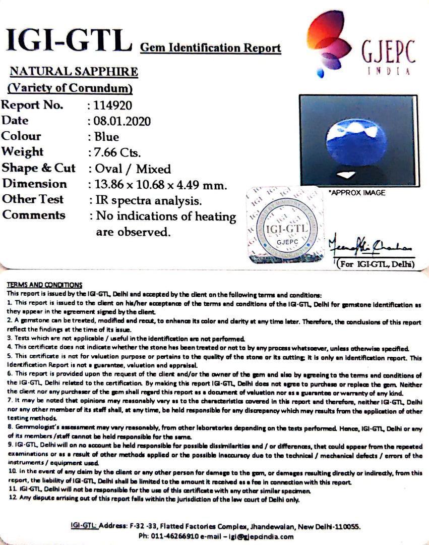 8.51 Ratti Natural Blue Sapphire With Govt Lab Certified-(2331)