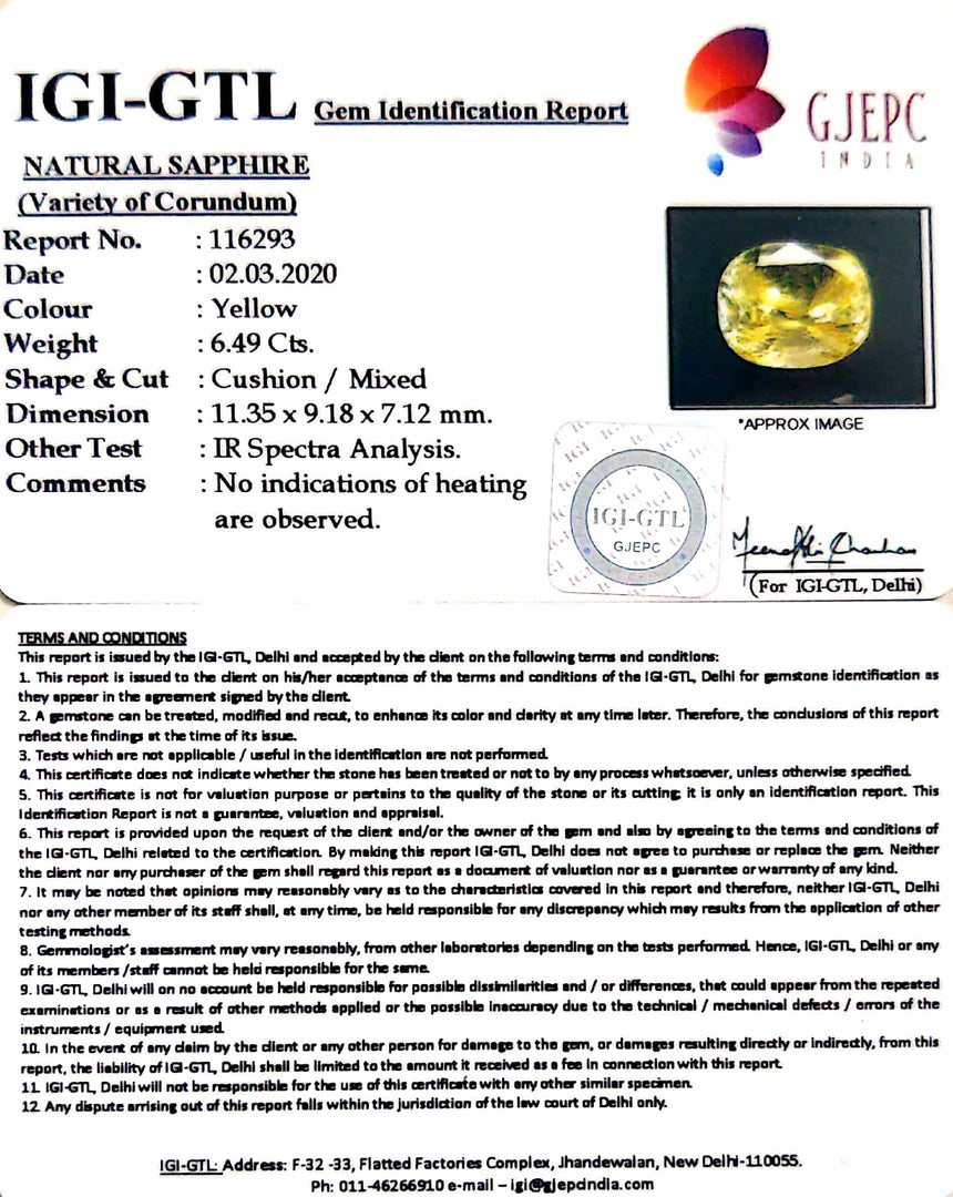 6.49/CT Natural Yellow Sapphire with Govt Lab Certificate-56610