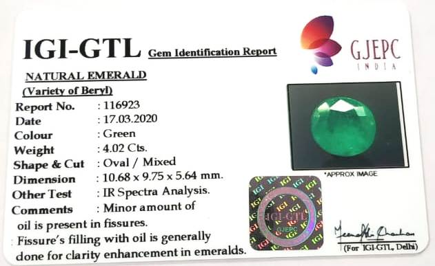4.02/CT Natural Panna Stone with Govt. Lab Certificate (6771)