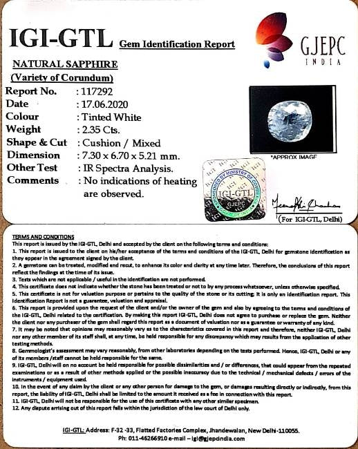 2.35 Carat Natural White Sapphire with Govt Lab Certificate-34410