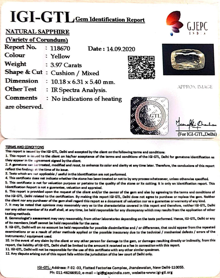 3.97/CT Natural Ceylonese Pukhraj Stone with Govt Lab Certificate-YELSA9V