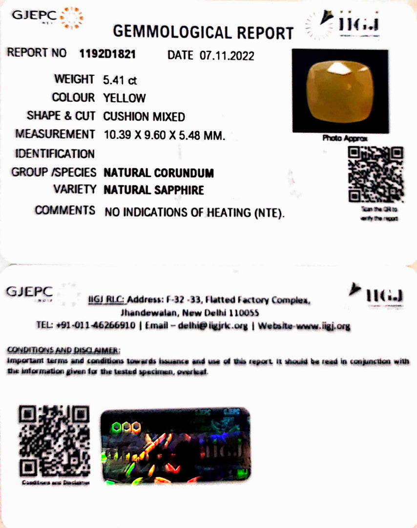 5.41/CT Natural Yellow Sapphire Stone With Govt. Lab Certificate