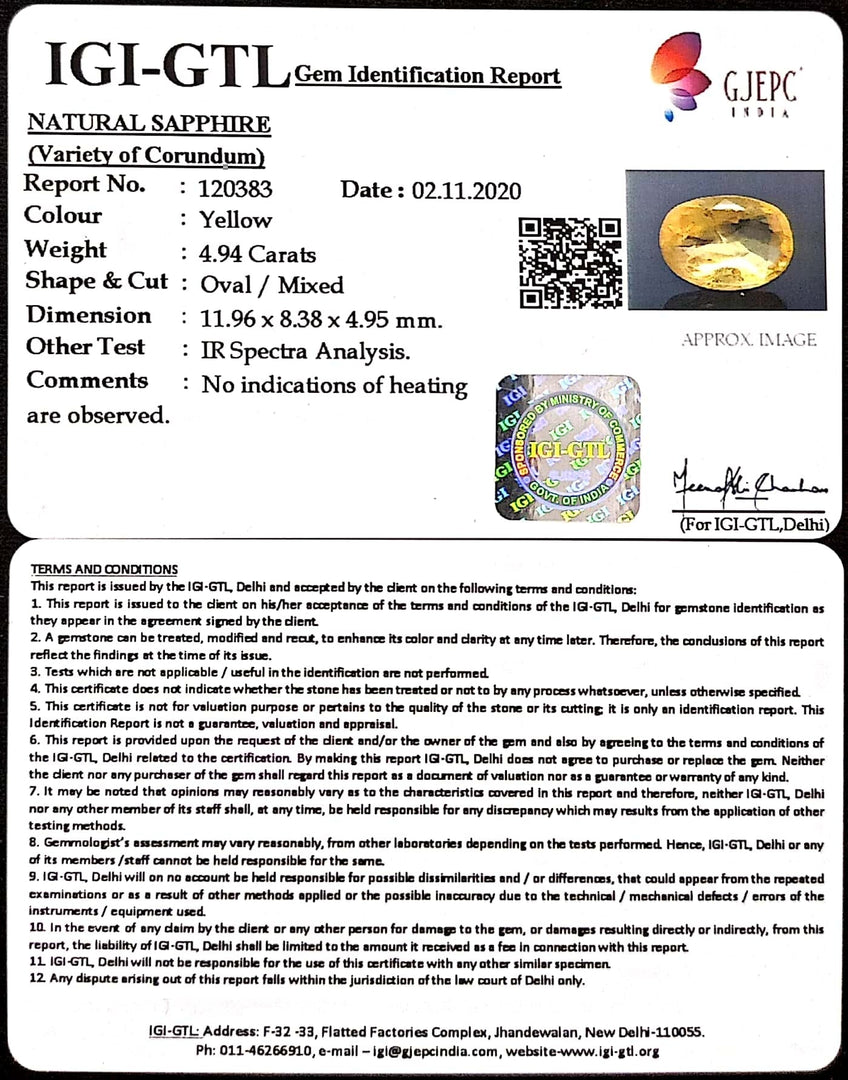 4.94/CT Natural Yellow Sapphire With Govt Lab Certificate-YELSA9U