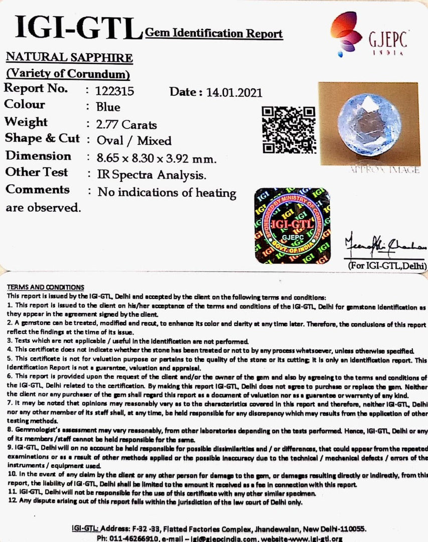 2.77/CT Natural Blue Sapphire with Govt Lab Certificate-BLUSA9T