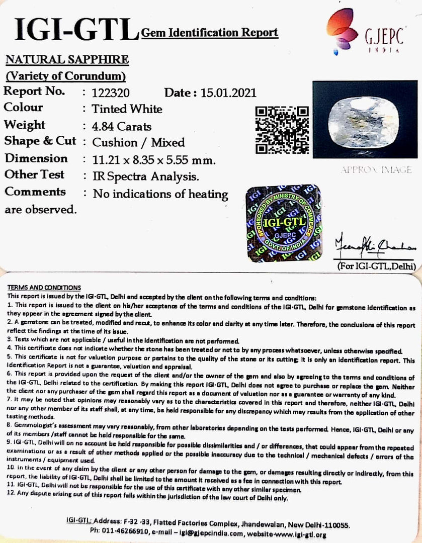 5.37 Ratti Natural White Sapphire with Govt Lab Certificate - (6771)