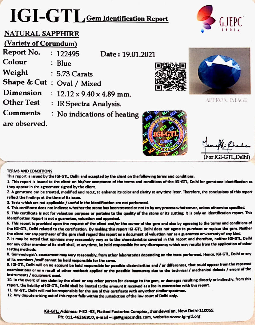 5.73/CT Natural Blue Sapphire With Govt Lab Certified