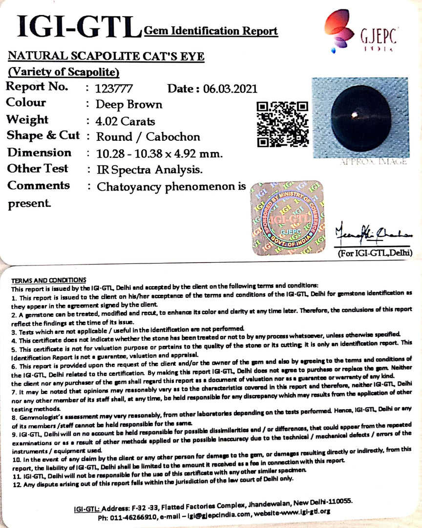 4.46 Ratti Natural Scapolite Cat's Eye with Govt. Lab Certified-(1221)