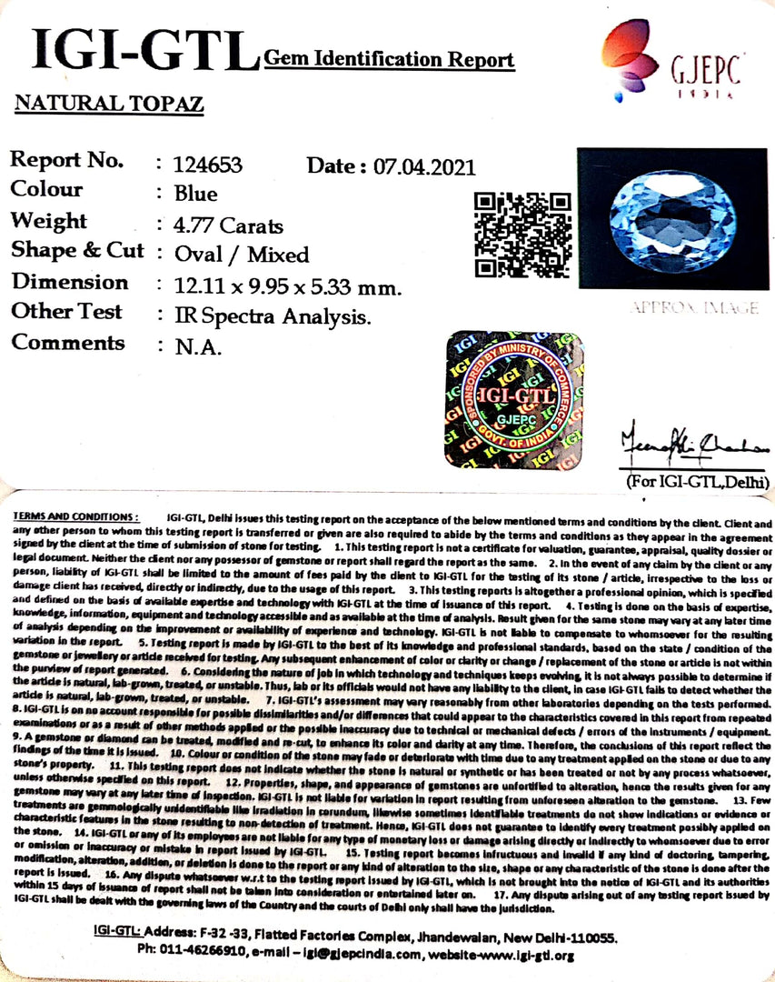 5.29 Ratti Blue Topaz with Govt Lab Certificate-(1650)