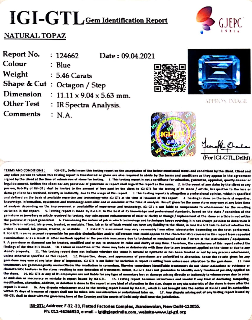 6.06 Ratti Blue Topaz with Govt Lab Certificate-(1650)