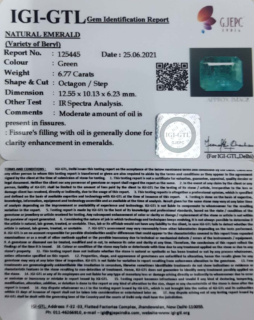 6.77/CT Natural Emerald Stone With Govt. Lab Certified (12210)