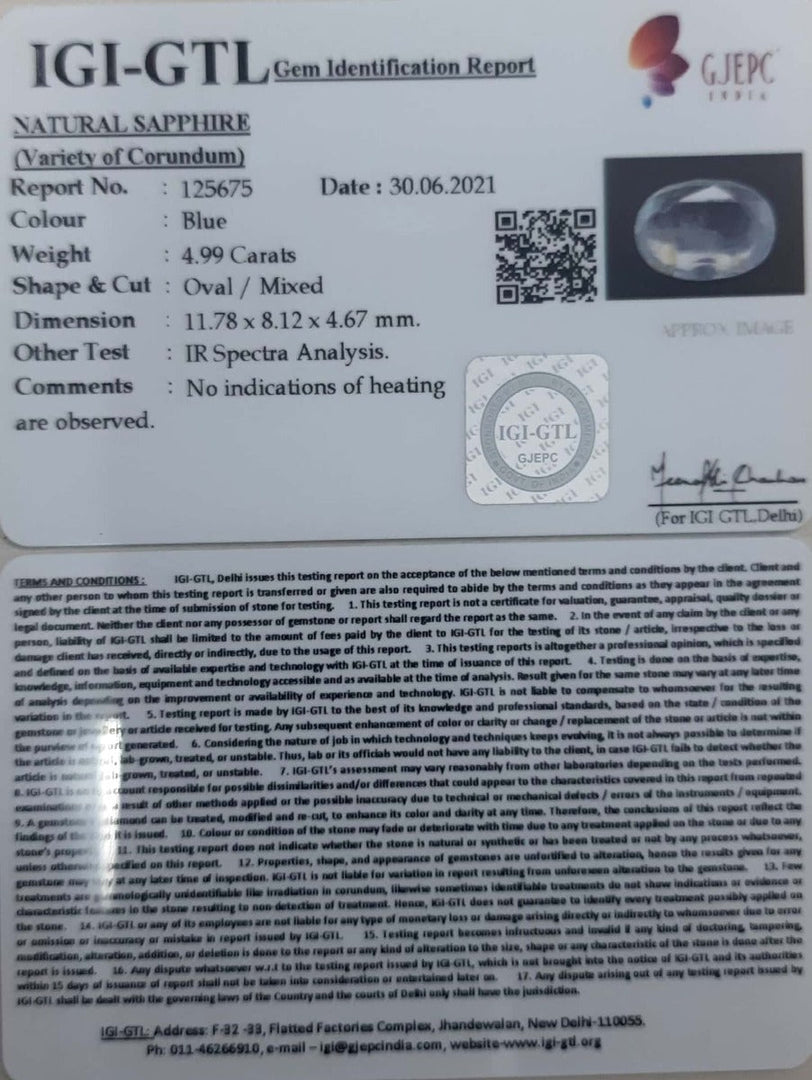 4.99/CT Natural Blue Sapphire with Govt Lab Certificate-BLUSA9T