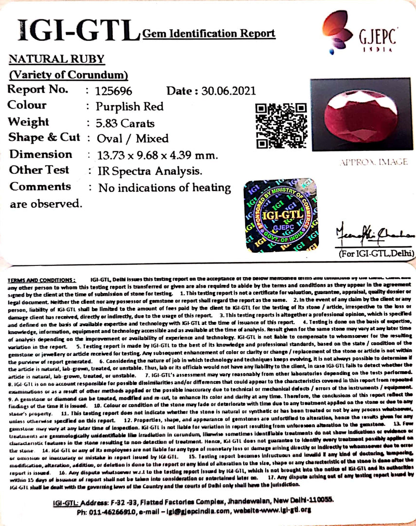 6.47 Ratti Natural Neo Burma Ruby with Govt. Lab Certificate-(3441)