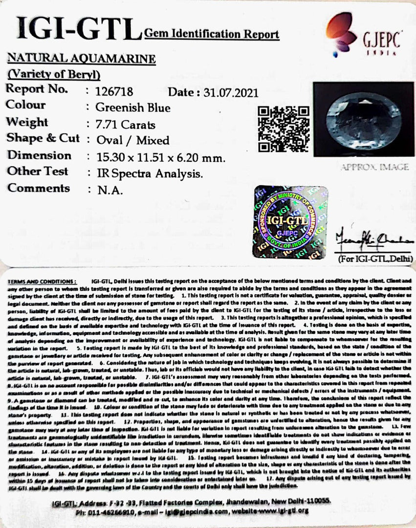 7.71/CT Natural Aquamarine with Govt Lab Certificate-1665